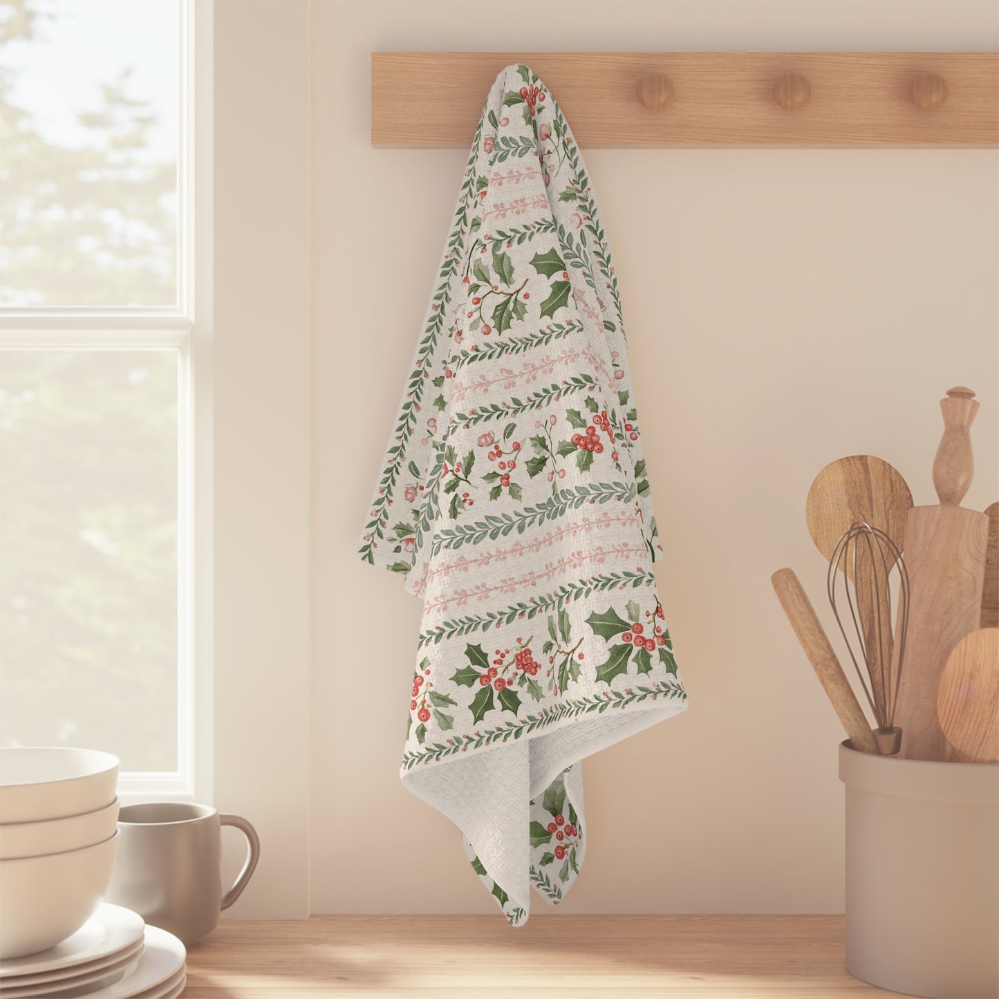 Festive Holly Berries & Pink Foliage Tea Towel