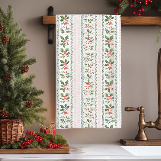 Festive Holly Berries & Pink Foliage Tea Towel