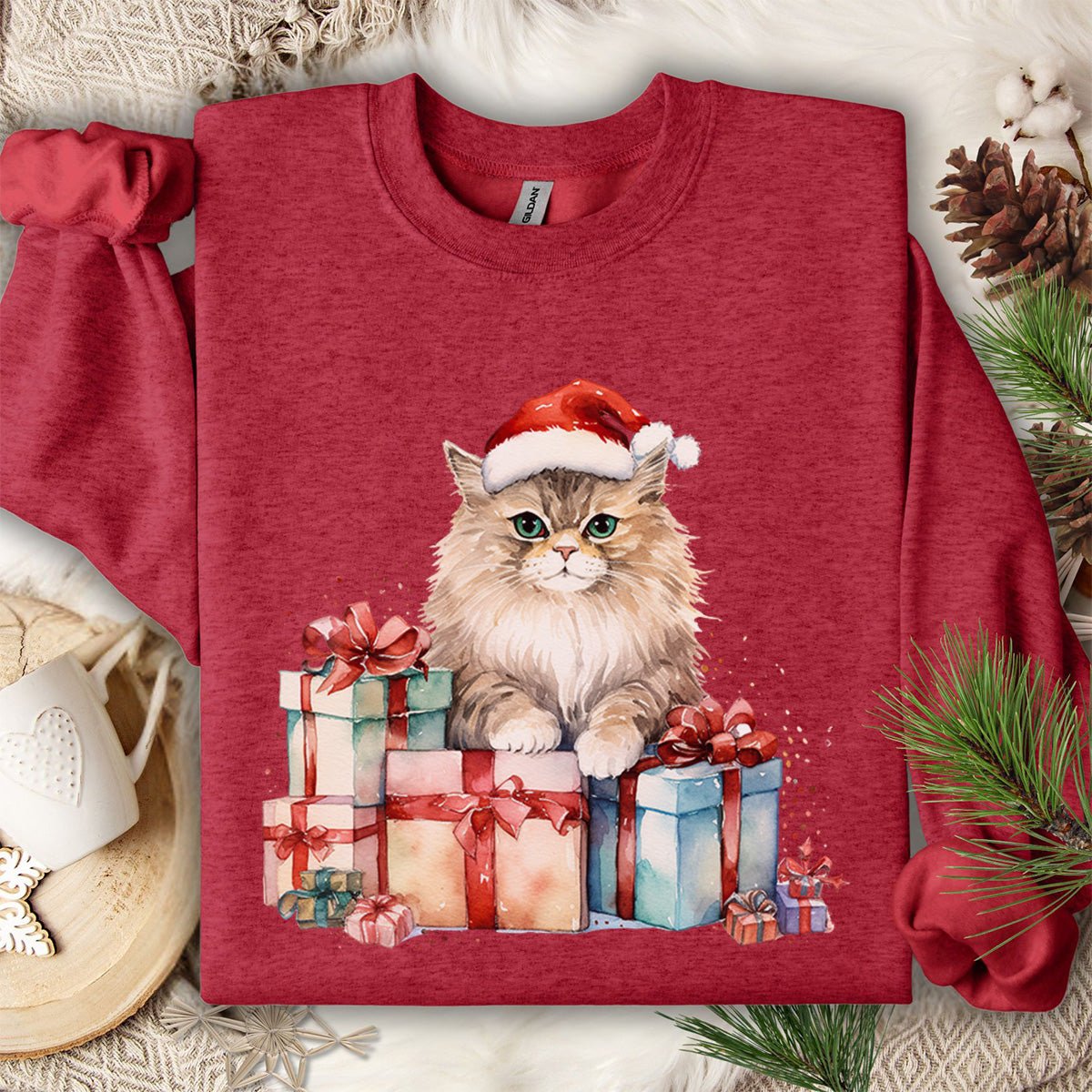 Festive Kitty with Santa Hat & Presents Sweatshirt