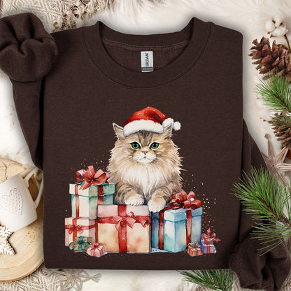 Festive Kitty with Santa Hat & Presents Sweatshirt