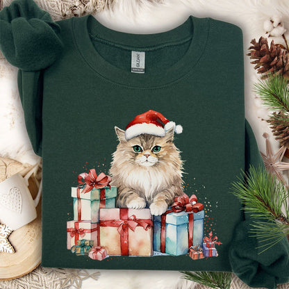 Festive Kitty with Santa Hat & Presents Sweatshirt