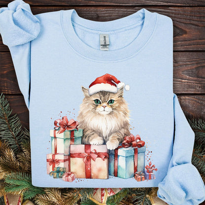 Festive Kitty with Santa Hat & Presents Sweatshirt