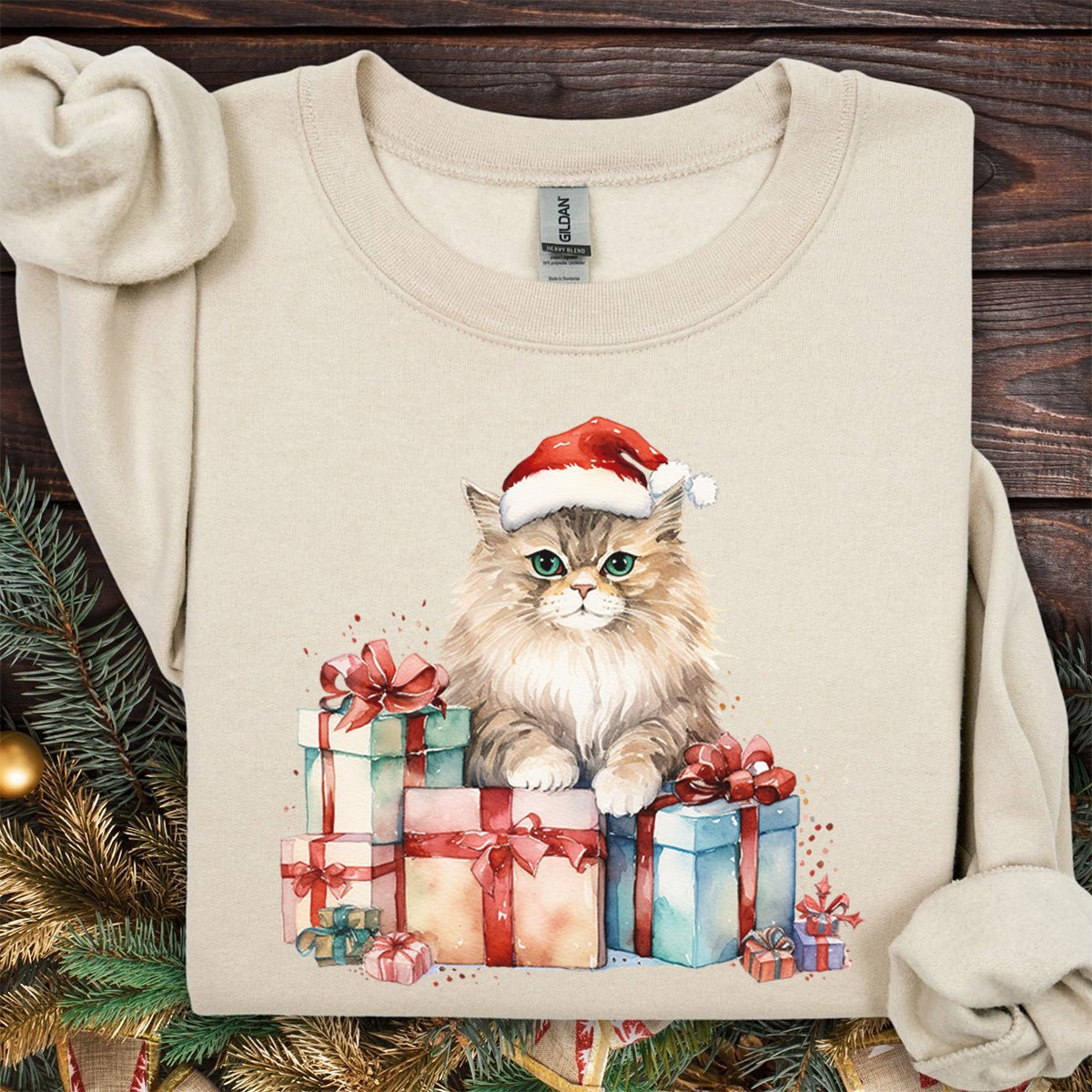 Festive Kitty with Santa Hat & Presents Sweatshirt