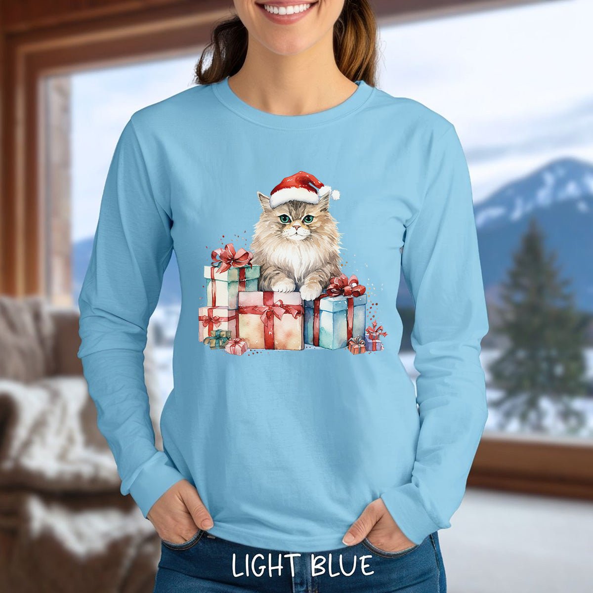 Festive Kitty with Santa Hat and Presents Long Sleeve Tee