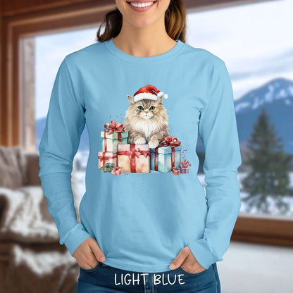 Festive Kitty with Santa Hat and Presents Long Sleeve Tee