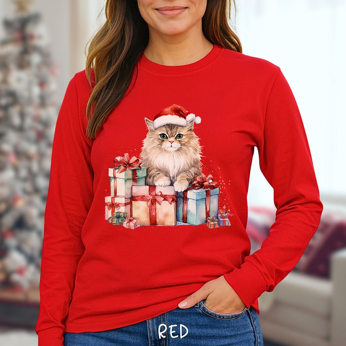 Festive Kitty with Santa Hat and Presents Long Sleeve Tee