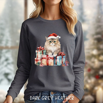 Festive Kitty with Santa Hat and Presents Long Sleeve Tee