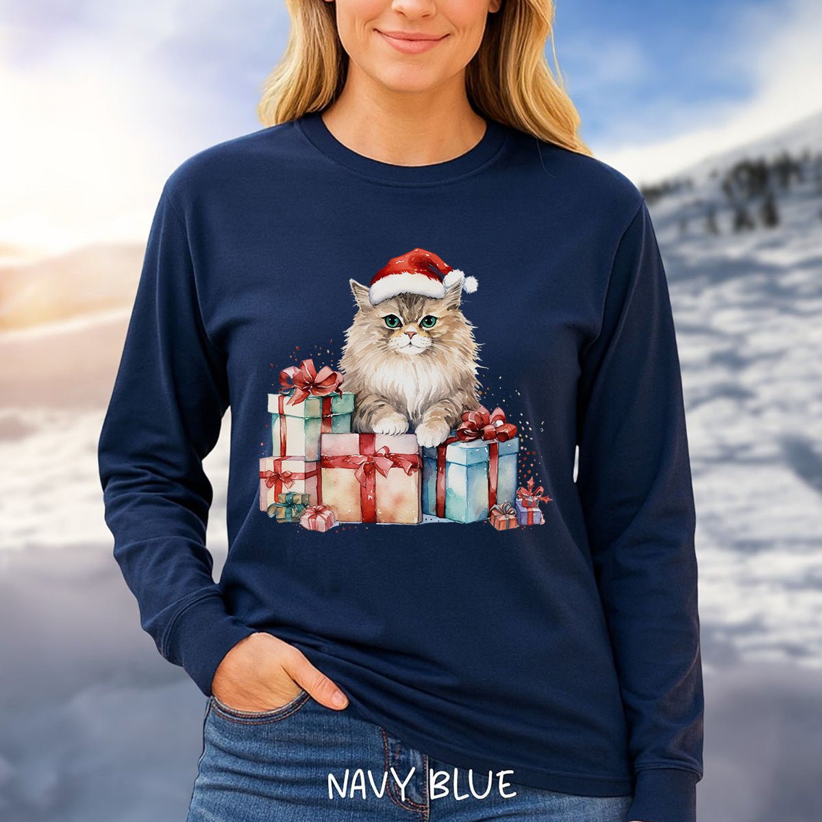 Festive Kitty with Santa Hat and Presents Long Sleeve Tee