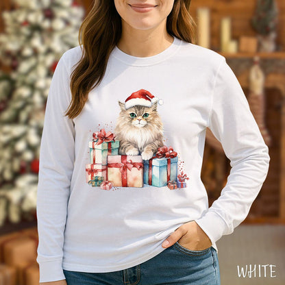Festive Kitty with Santa Hat and Presents Long Sleeve Tee