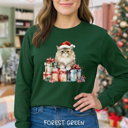 Festive Kitty with Santa Hat and Presents Long Sleeve Tee