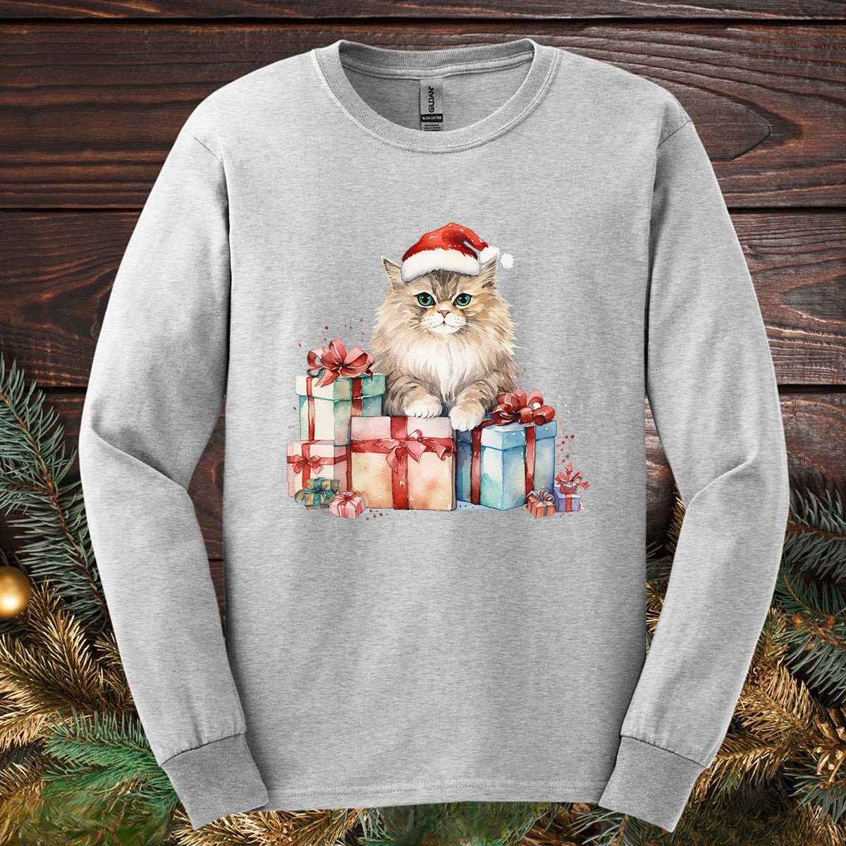 Festive Kitty with Santa Hat and Presents Long Sleeve Tee