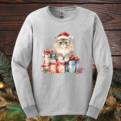 Festive Kitty with Santa Hat and Presents Long Sleeve Tee