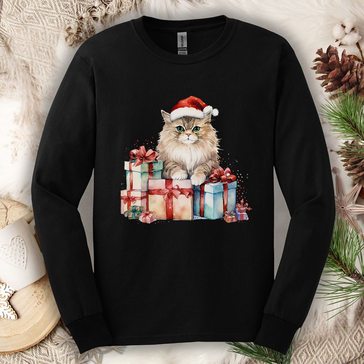 Festive Kitty with Santa Hat and Presents Long Sleeve Tee
