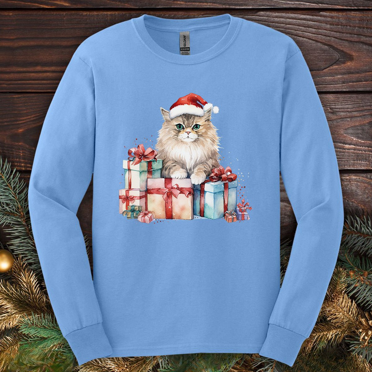 Festive Kitty with Santa Hat and Presents Long Sleeve Tee