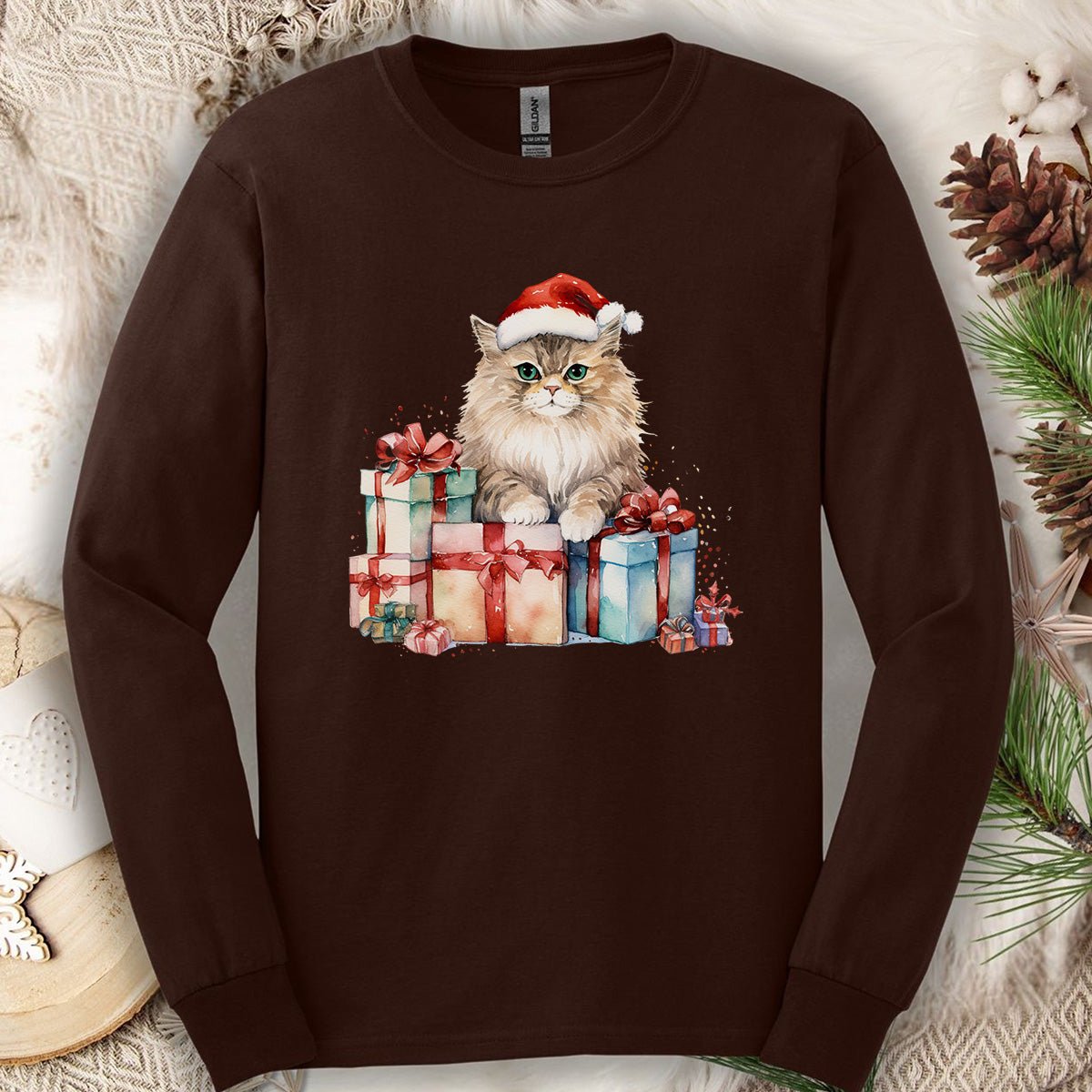 Festive Kitty with Santa Hat and Presents Long Sleeve Tee