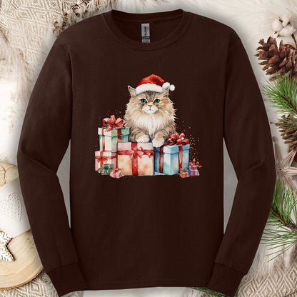 Festive Kitty with Santa Hat and Presents Long Sleeve Tee
