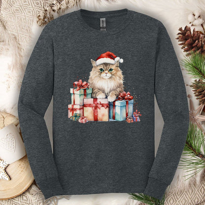Festive Kitty with Santa Hat and Presents Long Sleeve Tee