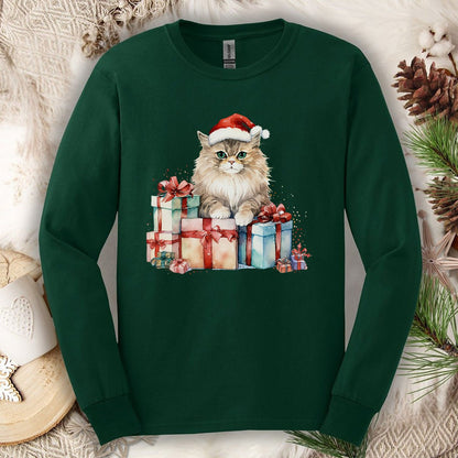 Festive Kitty with Santa Hat and Presents Long Sleeve Tee