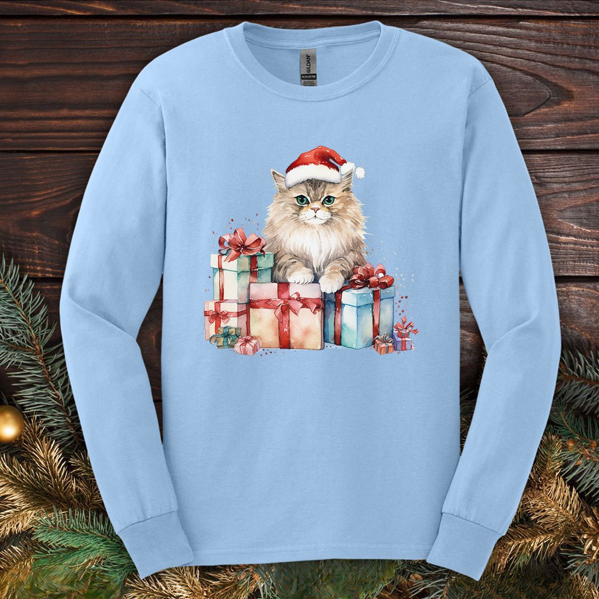 Festive Kitty with Santa Hat and Presents Long Sleeve Tee