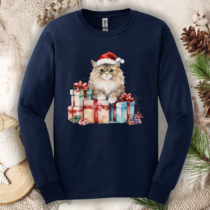 Festive Kitty with Santa Hat and Presents Long Sleeve Tee