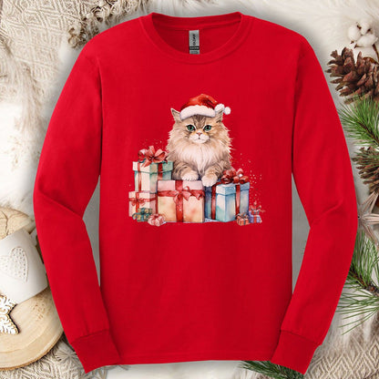 Festive Kitty with Santa Hat and Presents Long Sleeve Tee