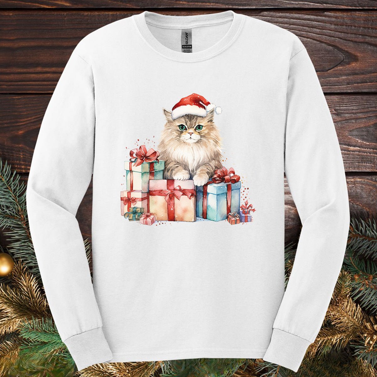 Festive Kitty with Santa Hat and Presents Long Sleeve Tee