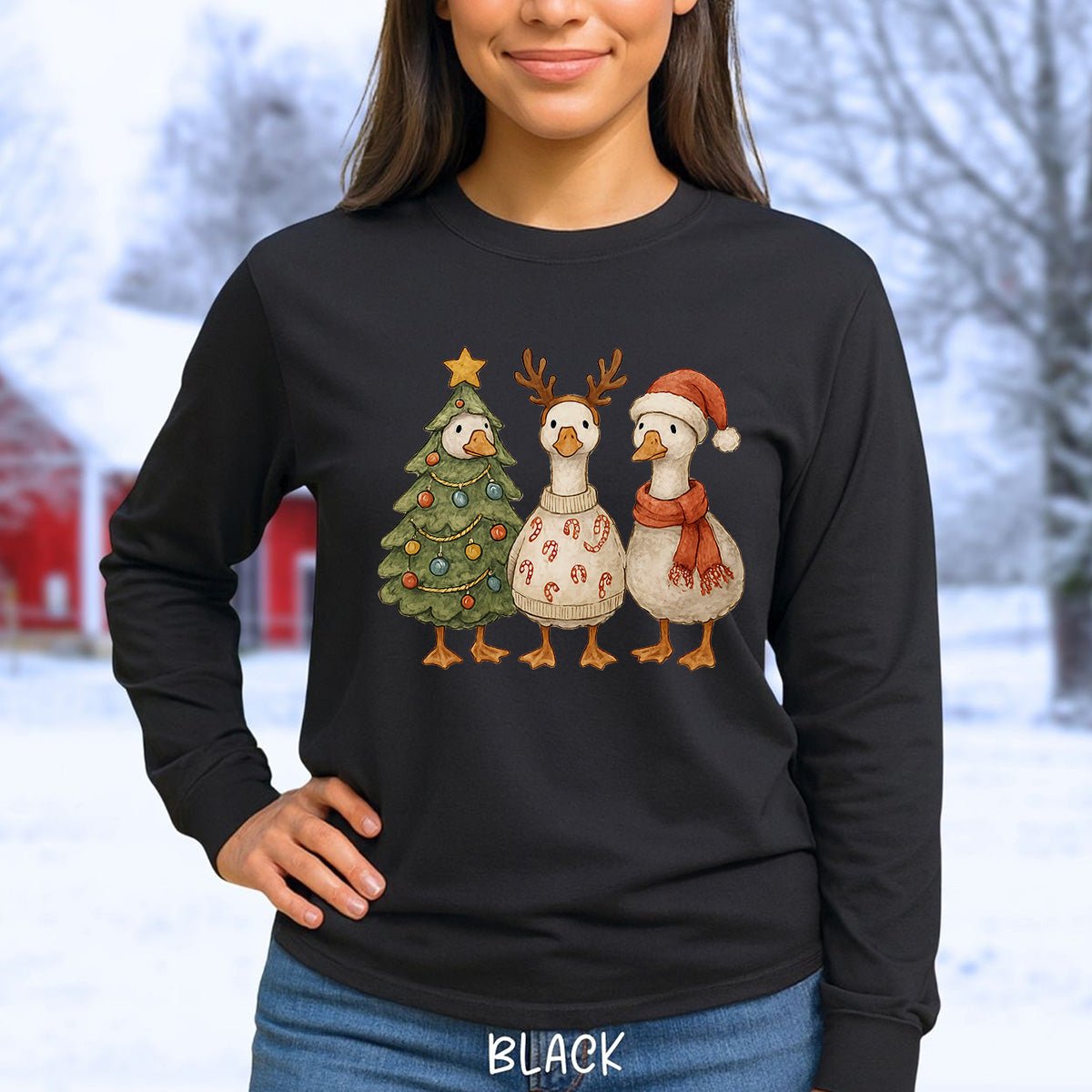Festive Vintage Christmas Ducks Long Sleeve Tee