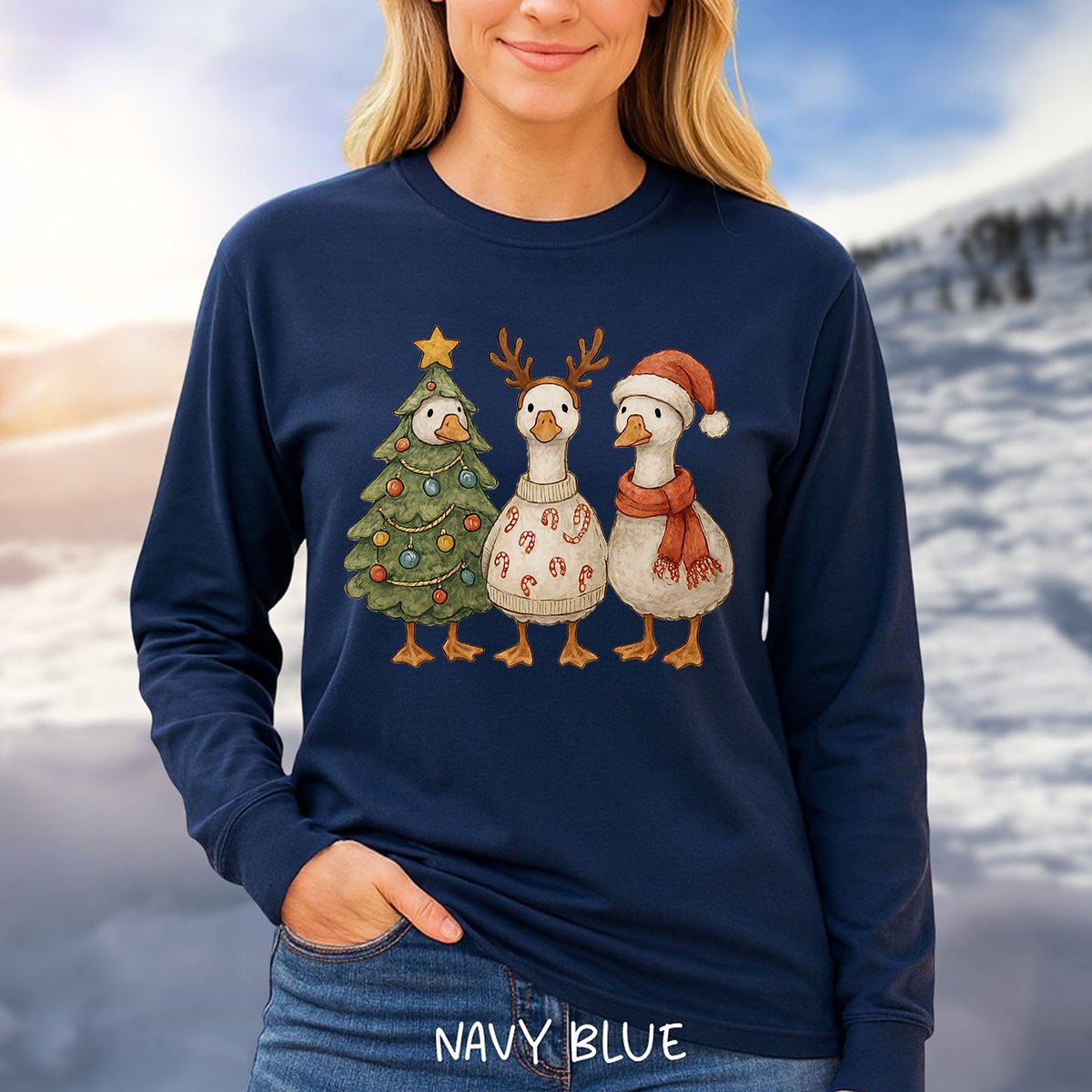Festive Vintage Christmas Ducks Long Sleeve Tee