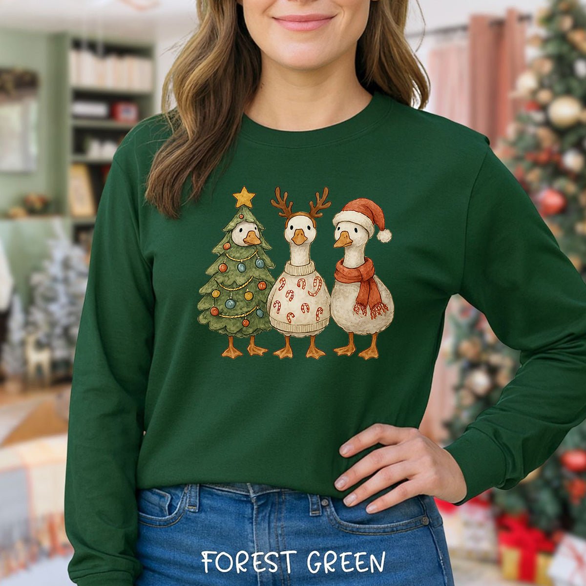 Festive Vintage Christmas Ducks Long Sleeve Tee