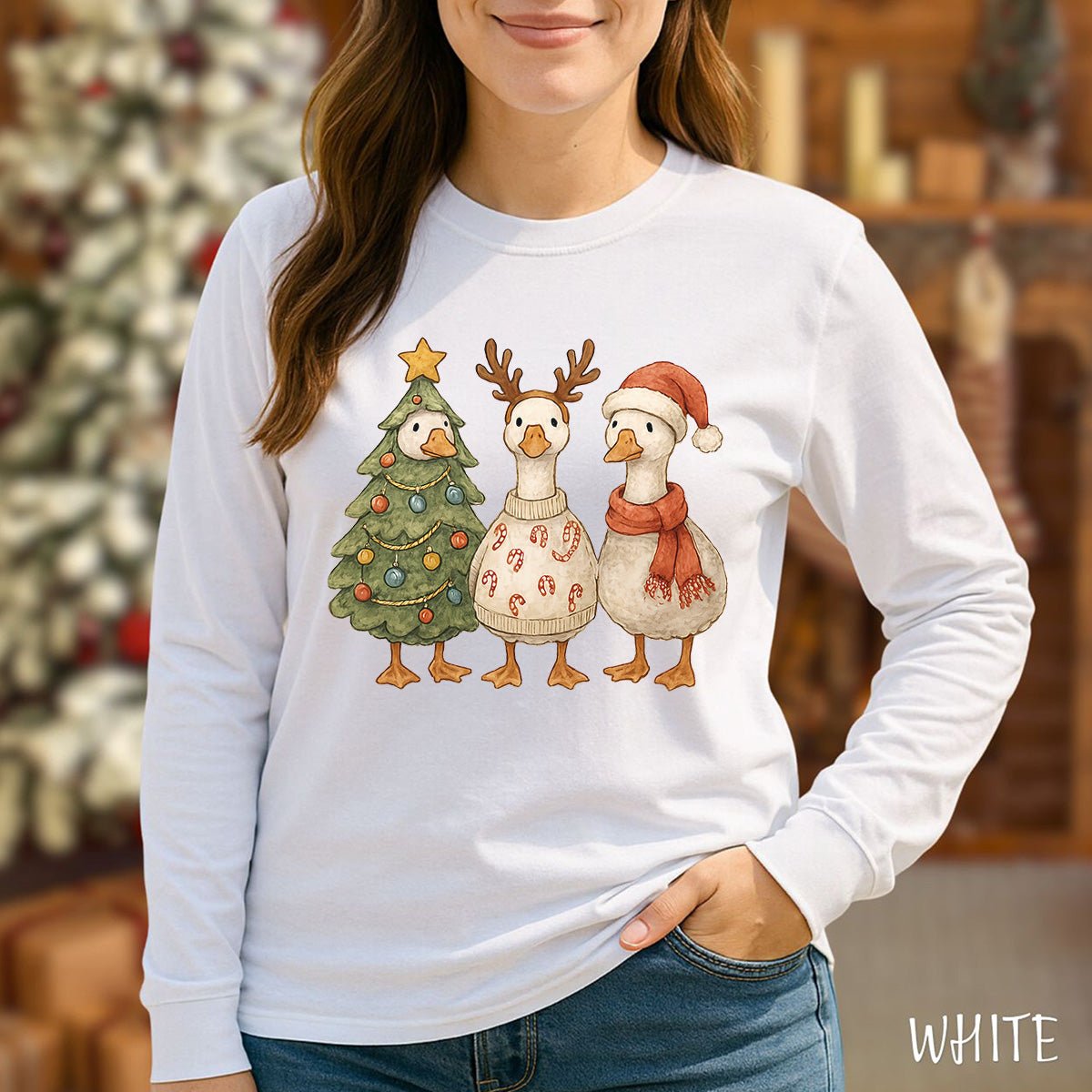 Festive Vintage Christmas Ducks Long Sleeve Tee
