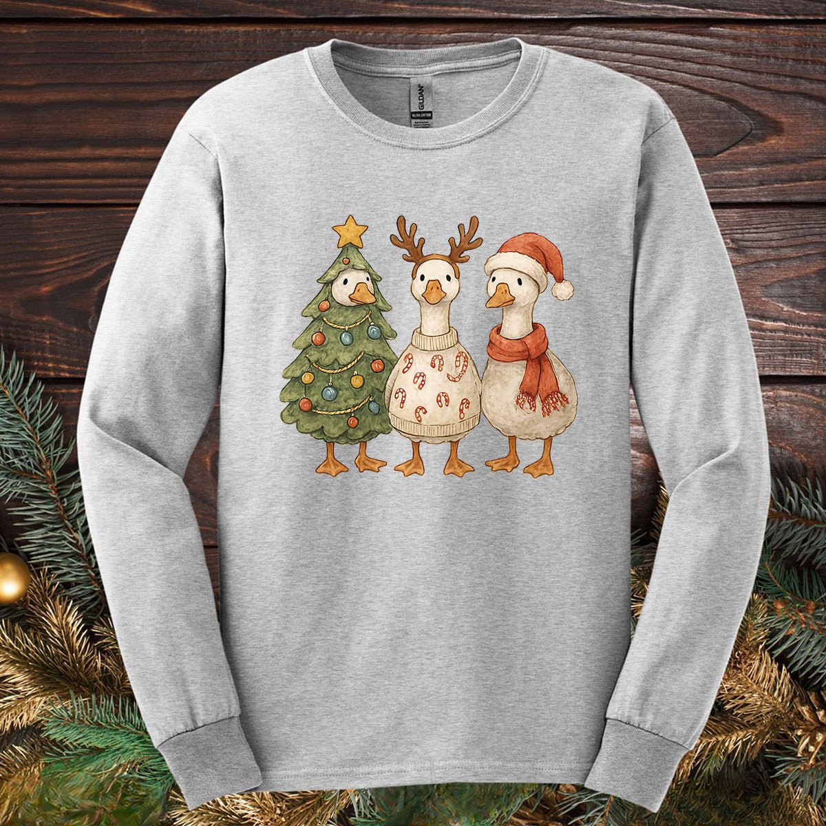 Festive Vintage Christmas Ducks Long Sleeve Tee