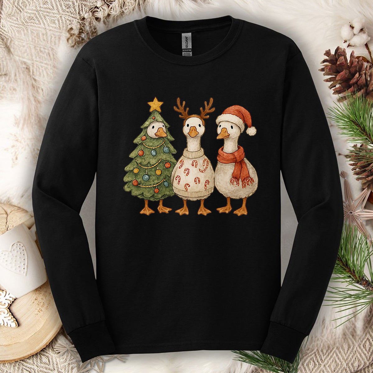 Festive Vintage Christmas Ducks Long Sleeve Tee