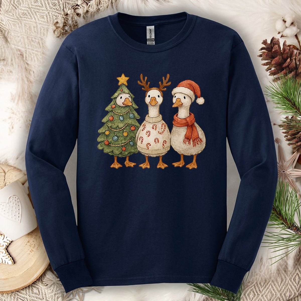 Festive Vintage Christmas Ducks Long Sleeve Tee