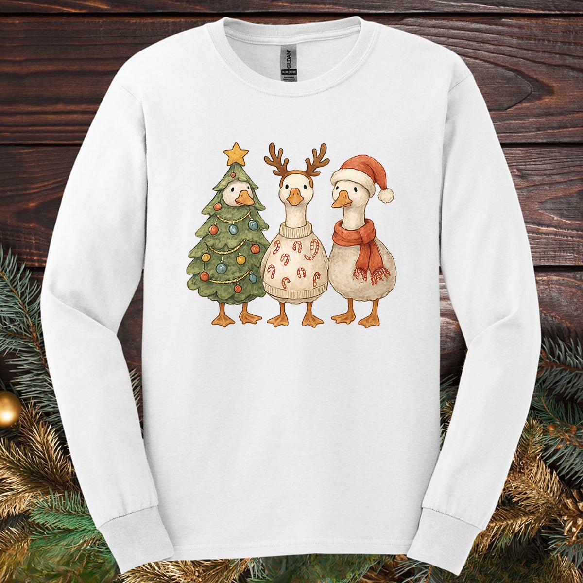 Festive Vintage Christmas Ducks Long Sleeve Tee