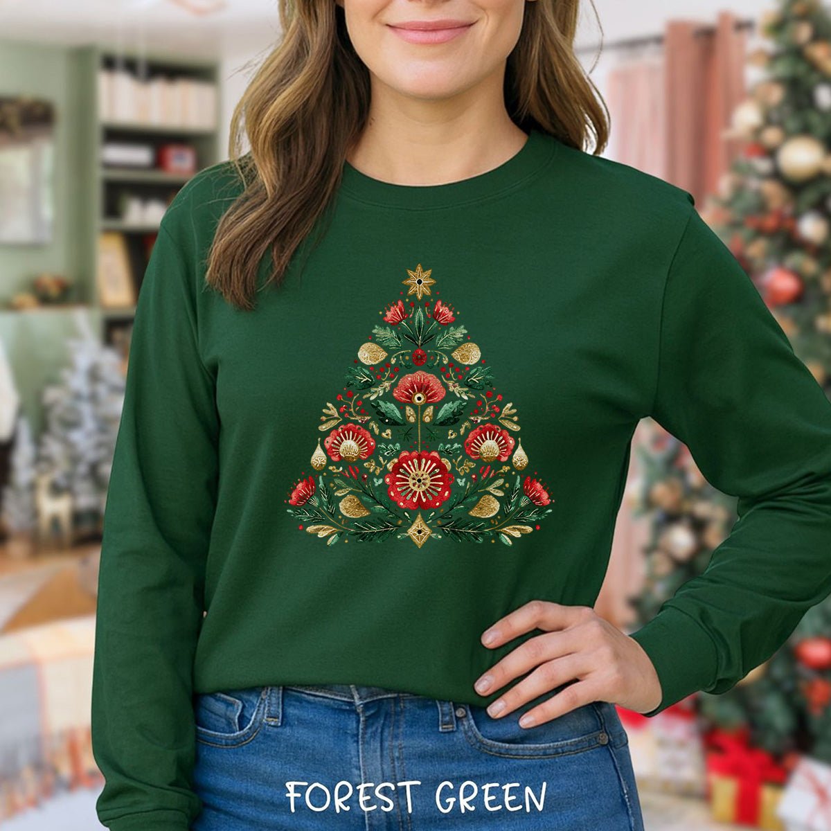Floral Folk Art Christmas Tree Long Sleeve Tee