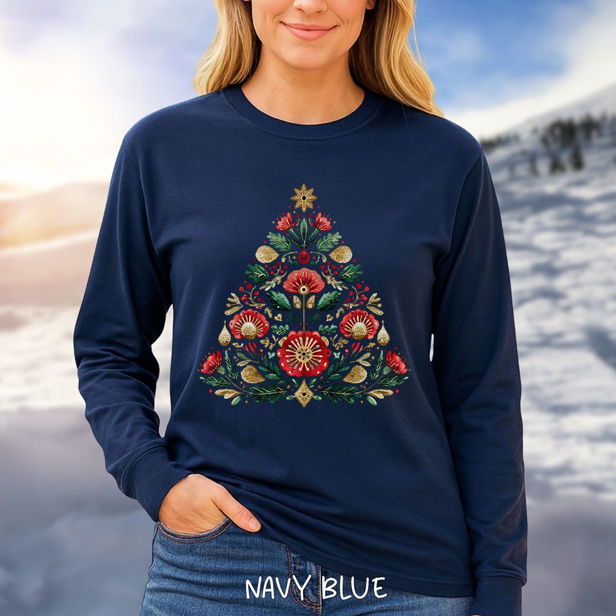 Floral Folk Art Christmas Tree Long Sleeve Tee