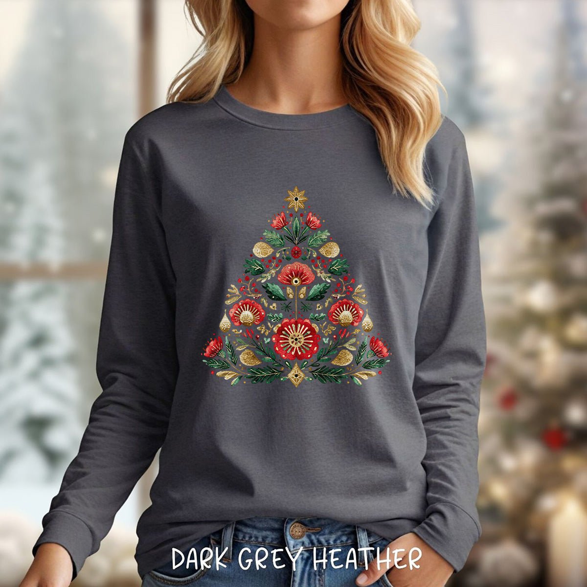 Floral Folk Art Christmas Tree Long Sleeve Tee