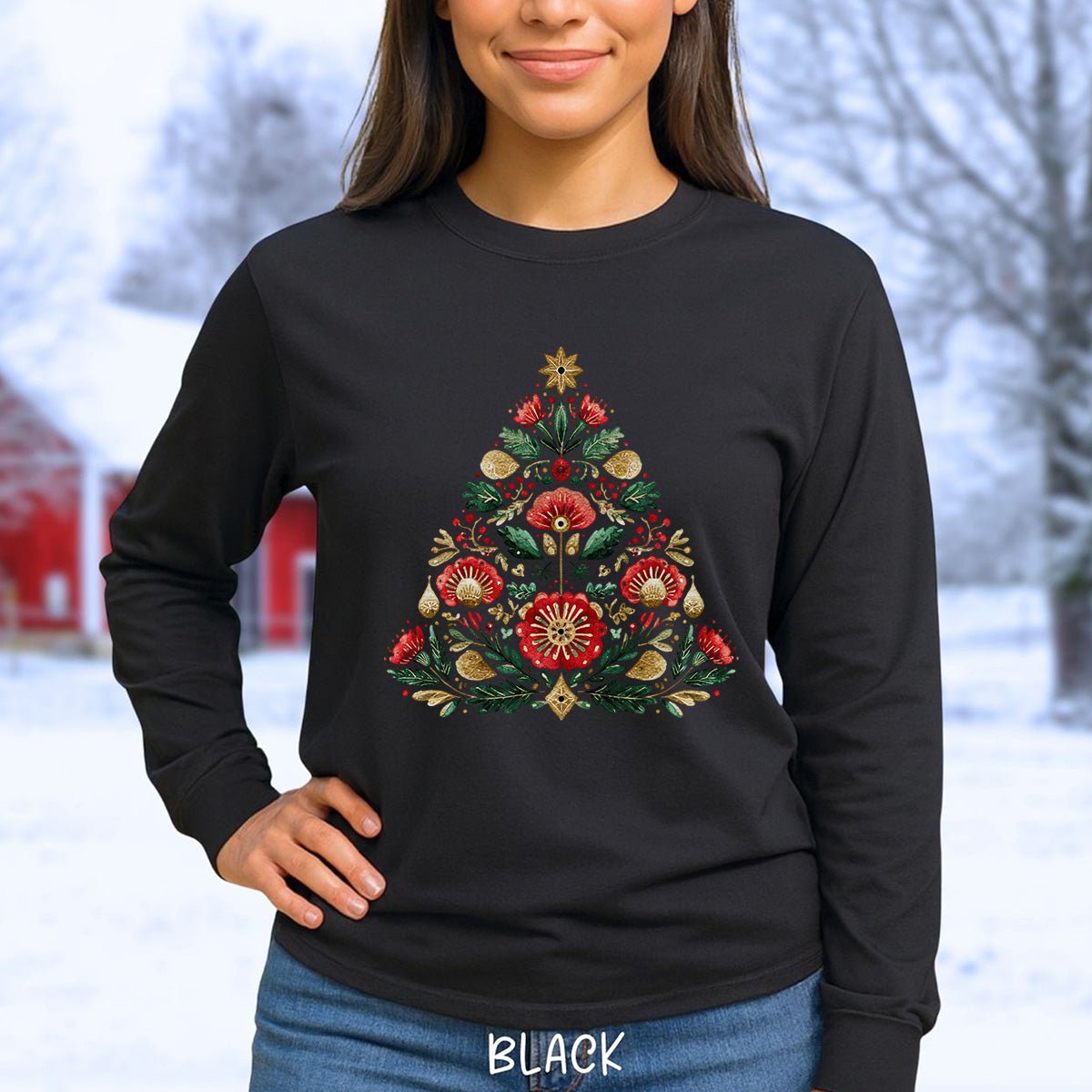 Floral Folk Art Christmas Tree Long Sleeve Tee