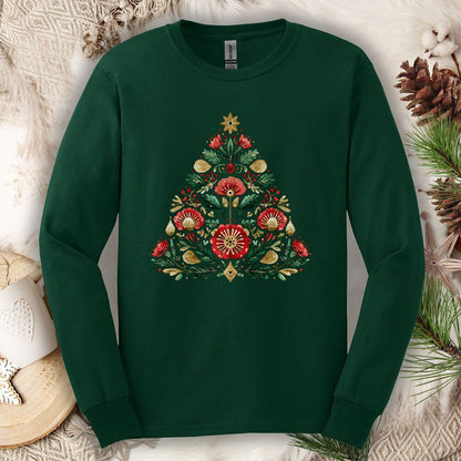 Floral Folk Art Christmas Tree Long Sleeve Tee