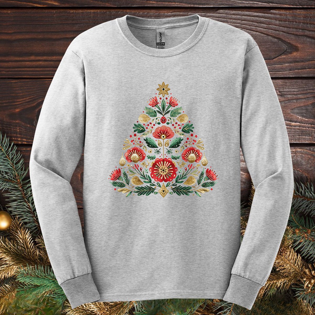 Floral Folk Art Christmas Tree Long Sleeve Tee