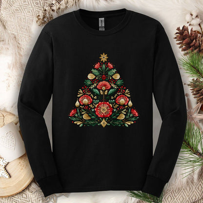 Floral Folk Art Christmas Tree Long Sleeve Tee