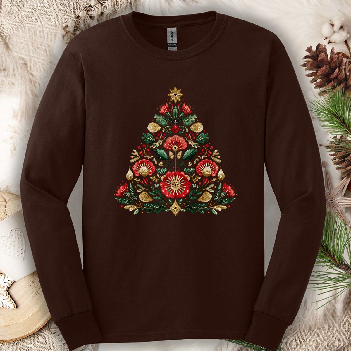 Floral Folk Art Christmas Tree Long Sleeve Tee