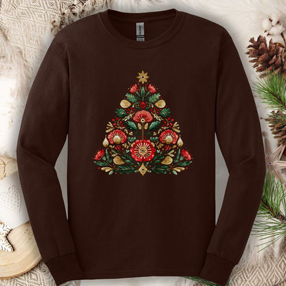 Floral Folk Art Christmas Tree Long Sleeve Tee