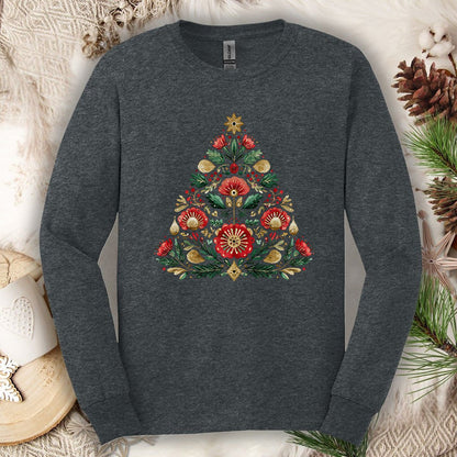 Floral Folk Art Christmas Tree Long Sleeve Tee