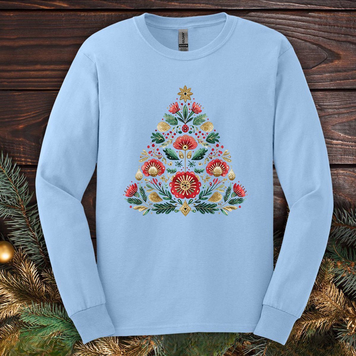 Floral Folk Art Christmas Tree Long Sleeve Tee