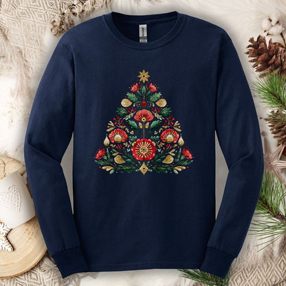 Floral Folk Art Christmas Tree Long Sleeve Tee