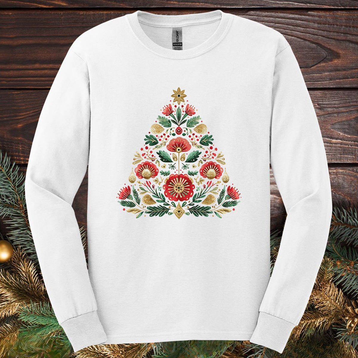 Floral Folk Art Christmas Tree Long Sleeve Tee