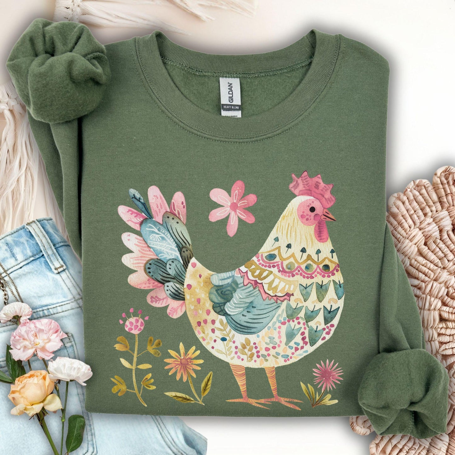 Floral Folk Art Colorful Rooster Sweatshirt