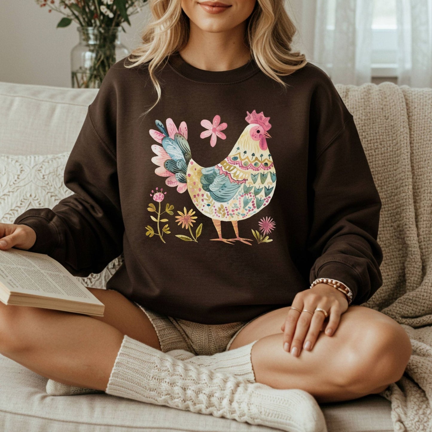 Floral Folk Art Colorful Rooster Sweatshirt