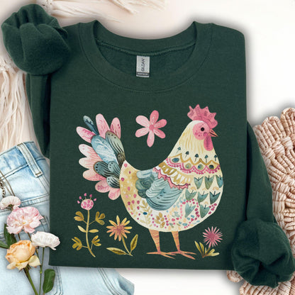 Floral Folk Art Colorful Rooster Sweatshirt